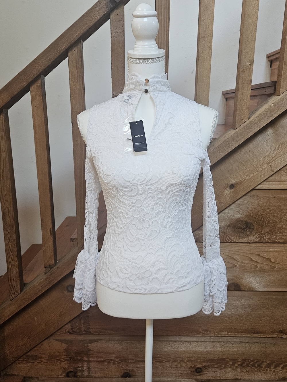 bebe White Lace High Neck Cold-Shoulder Blouse